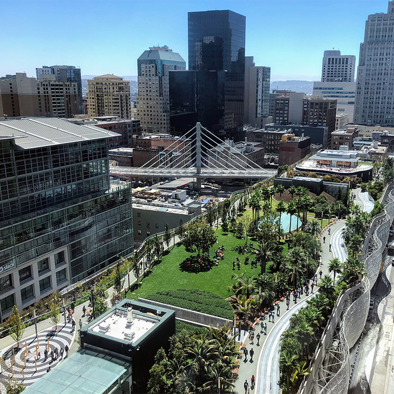 Aerial view photo of an elevated, outdoor green space in the midst of a downtown core. Pedestrian walkways border the park and a variety of trees are planted throughout. The greenway appears to be several stories high, for views of the cityscape.